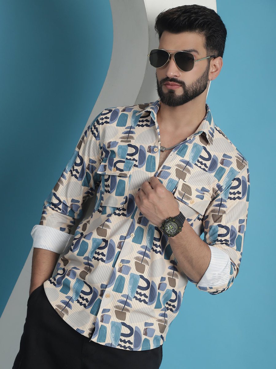 Men Printed Corduroy Cotton Shirt - SF_930Multi_S