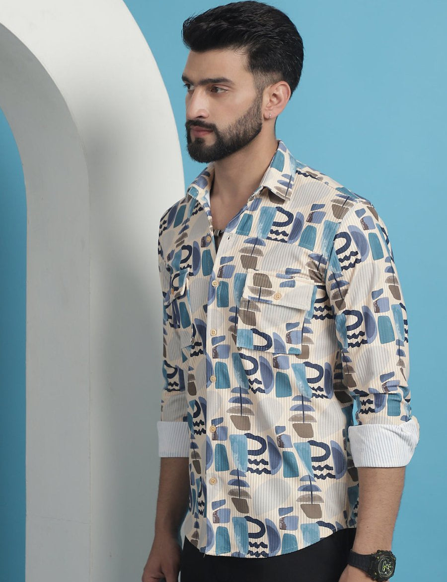 Men Printed Corduroy Cotton Shirt - SF_930Multi_S