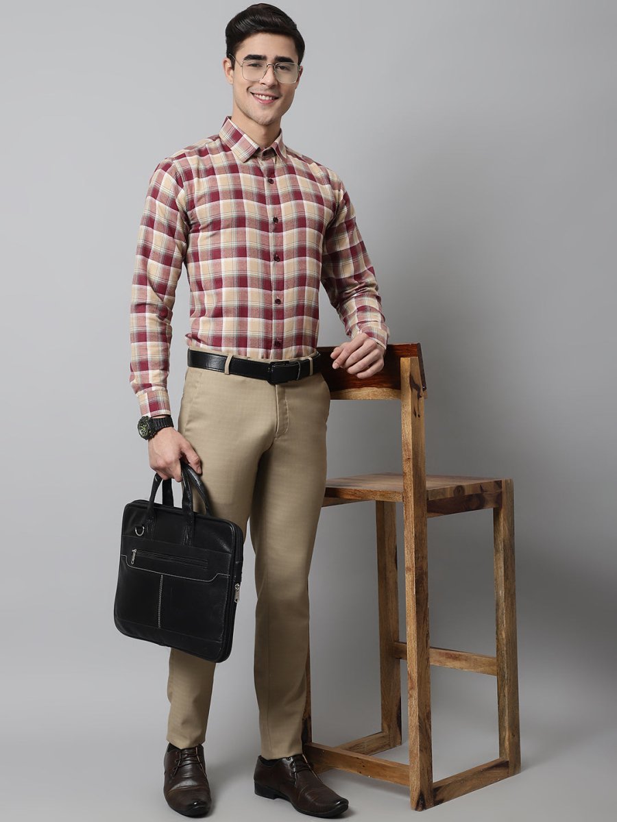 Men Red and Beige Checks Regular Fit Cotton Formal Shirt - SF_854Red_S