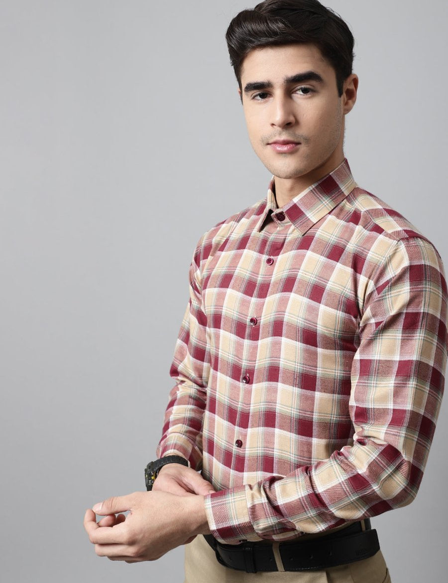 Men Red and Beige Checks Regular Fit Cotton Formal Shirt - SF_854Red_S