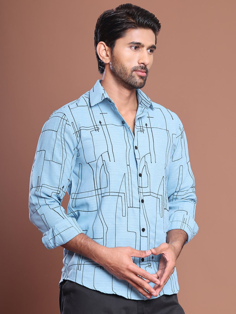 Men Regular Fit Embroidered Spread Collar Casual Shirt - SF_9038Sky_S