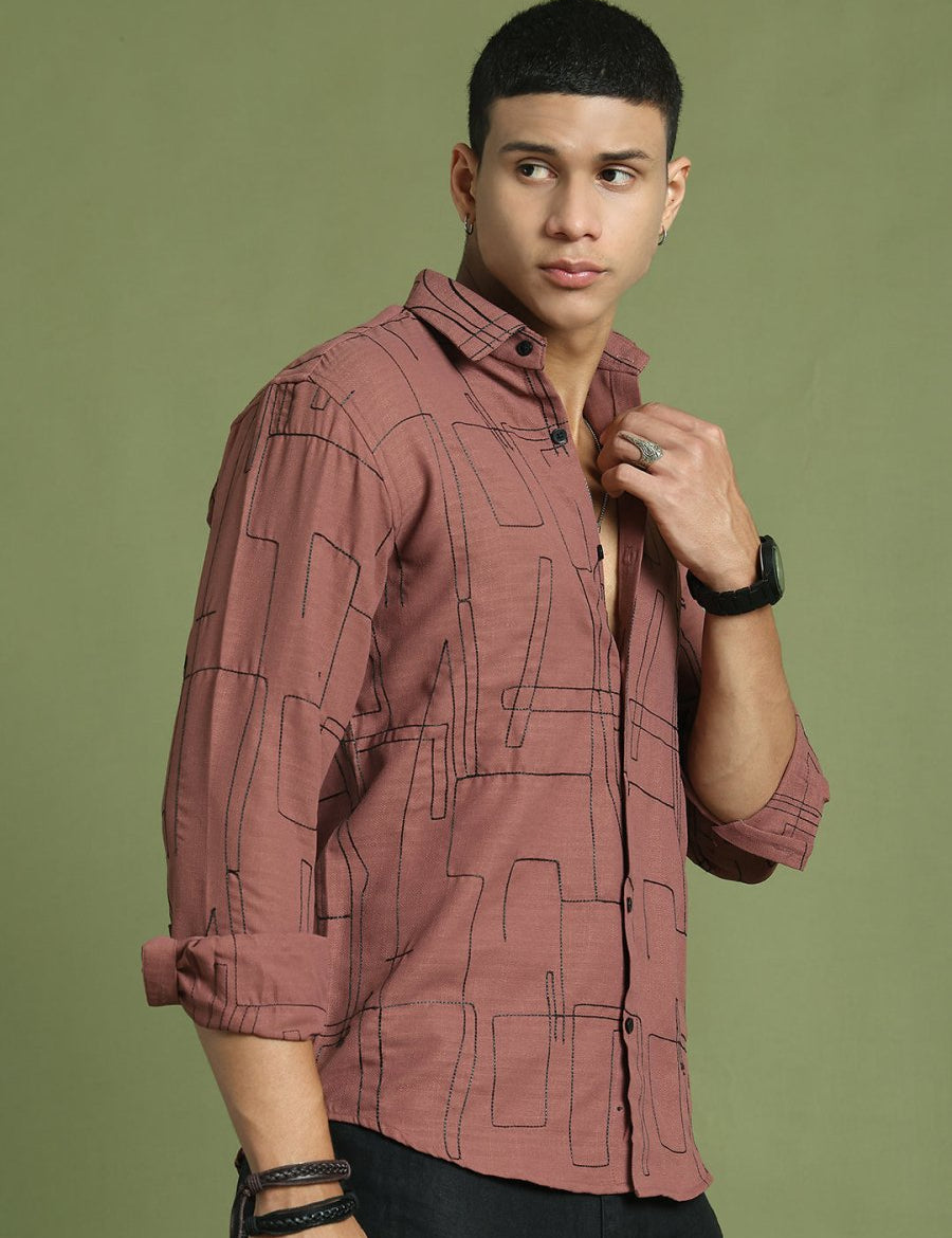 Men Regular Fit Embroidered Spread Collar Casual Shirt - SF_9038Rust_S