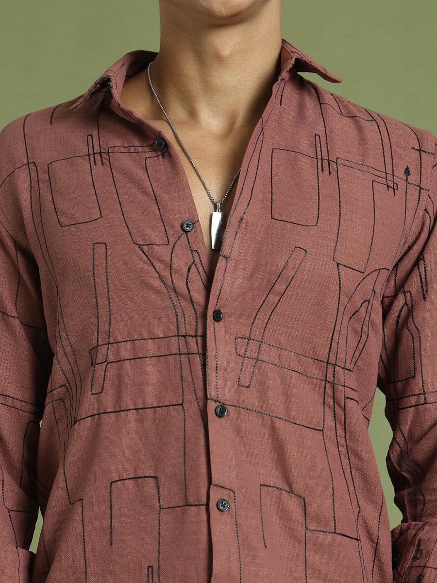 Men Regular Fit Embroidered Spread Collar Casual Shirt - SF_9038Rust_S