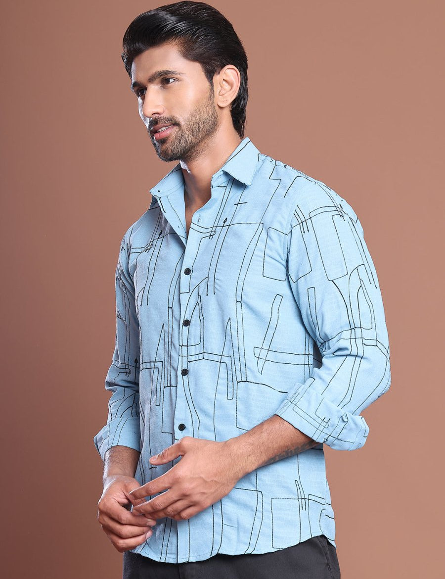 Men Regular Fit Embroidered Spread Collar Casual Shirt - SF_9038Sky_S