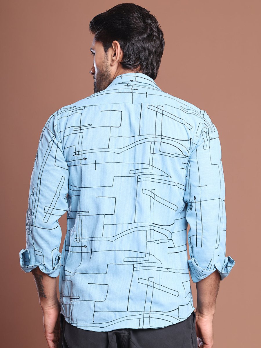 Men Regular Fit Embroidered Spread Collar Casual Shirt - SF_9038Sky_S