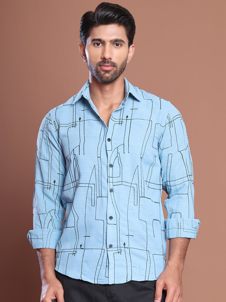 Men Regular Fit Embroidered Spread Collar Casual Shirt - SF_9038Sky_S