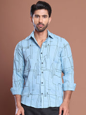 Men Regular Fit Embroidered Spread Collar Casual Shirt - SF_9038Sky_S