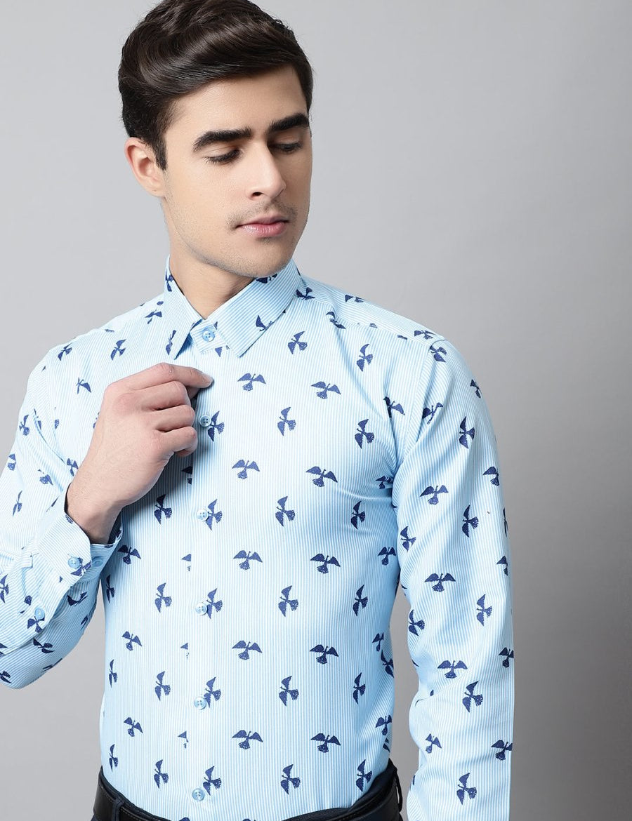 Men Regular Fit Printed Pure Cotton Formal Shirt - SF_856Sky_S