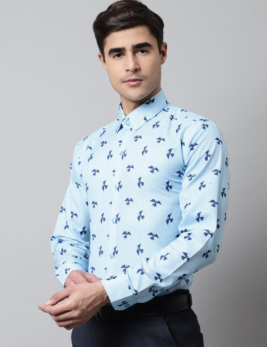 Men Regular Fit Printed Pure Cotton Formal Shirt - SF_856Sky_S