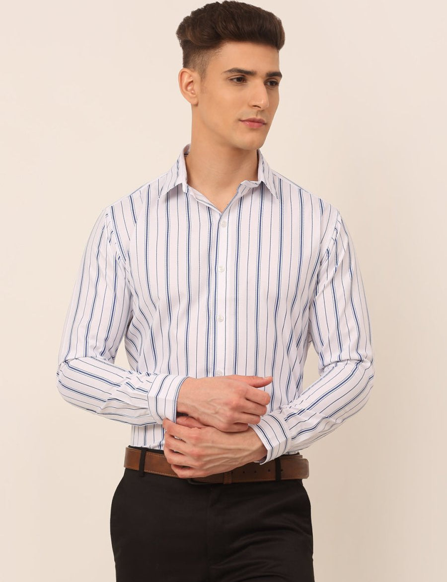 Men White & Blue Classic Striped Formal Shirt - SF_825White_S