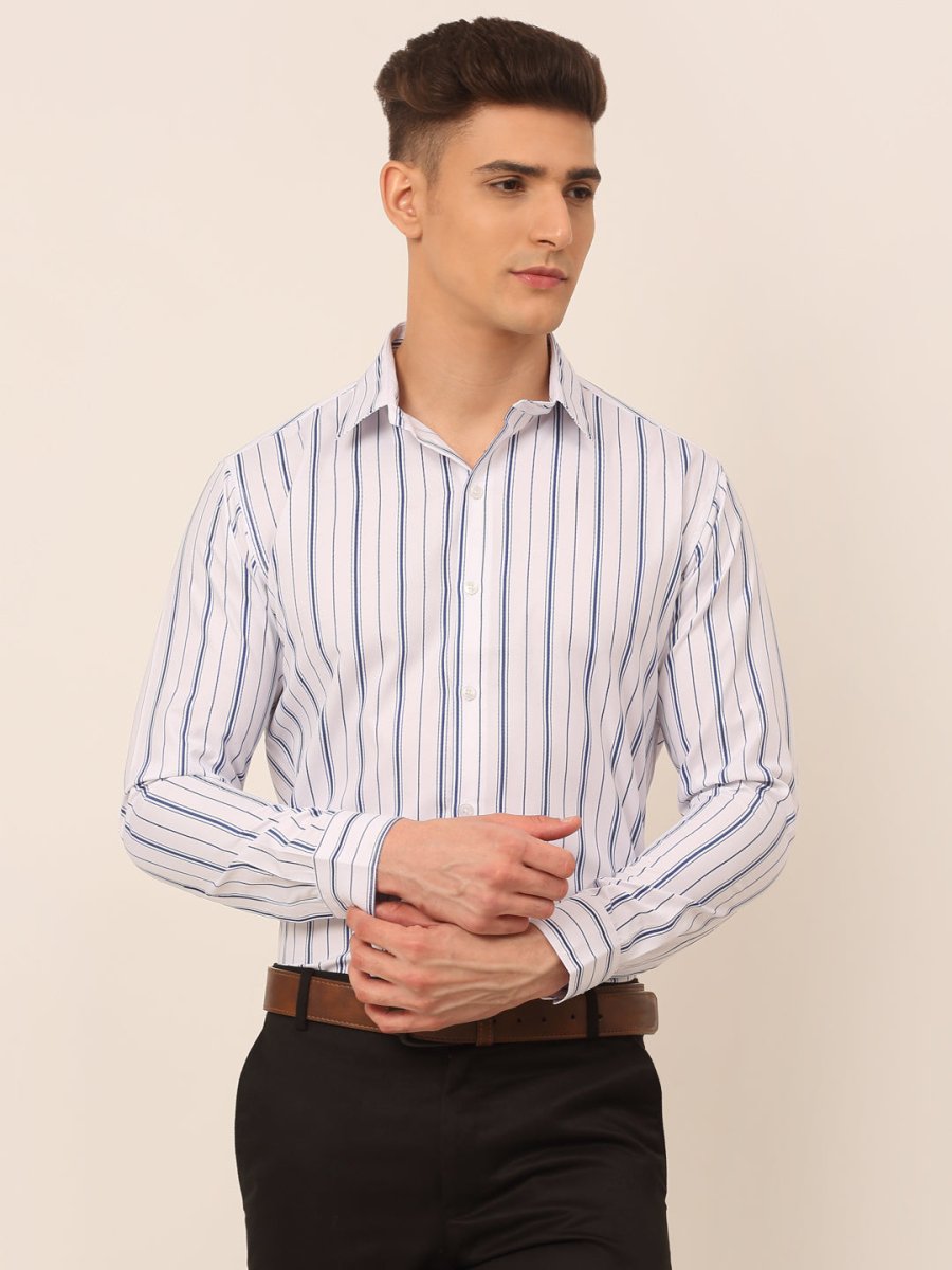 Men White & Blue Classic Striped Formal Shirt - SF_825White_S