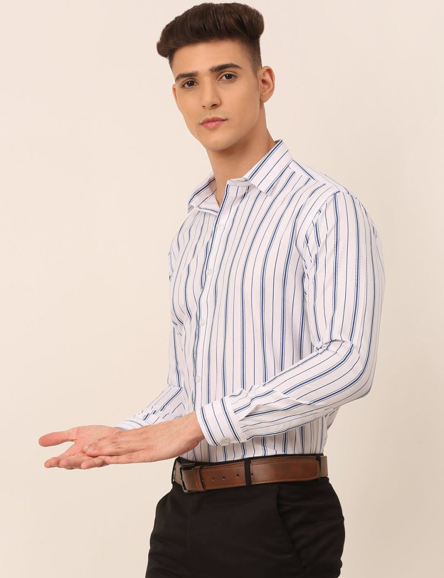 Men White & Blue Classic Striped Formal Shirt - SF_825White_S