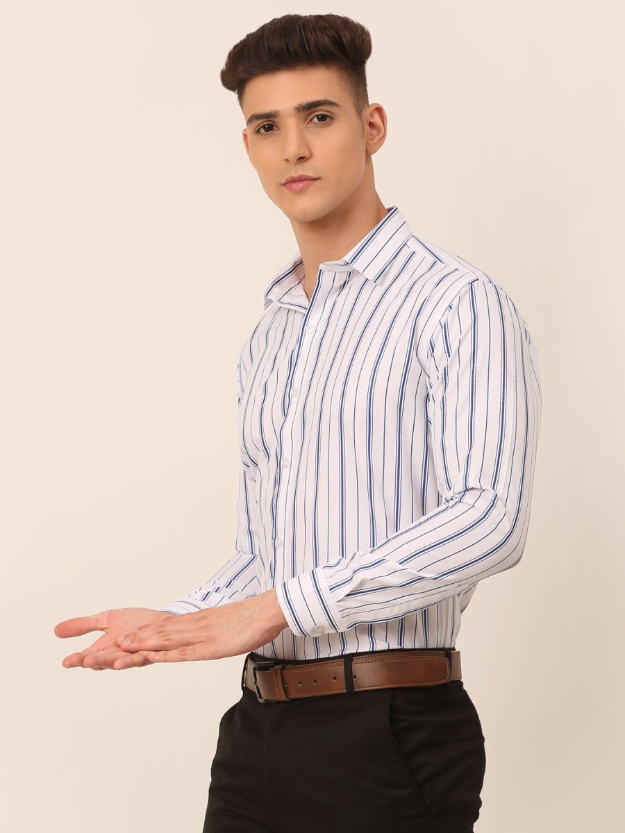 Men White & Blue Classic Striped Formal Shirt - SF_825White_S