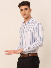 Men White & Blue Classic Striped Formal Shirt - SF_825White_S