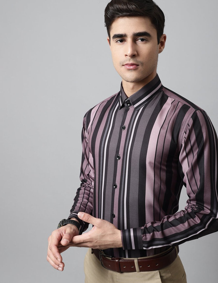 Men Wine and Black Classic Striped Formal Shirt - SF_832Wine_S