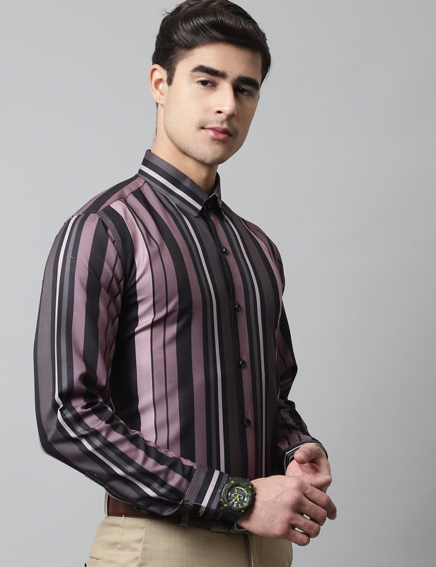 Men Wine and Black Classic Striped Formal Shirt - SF_832Wine_S