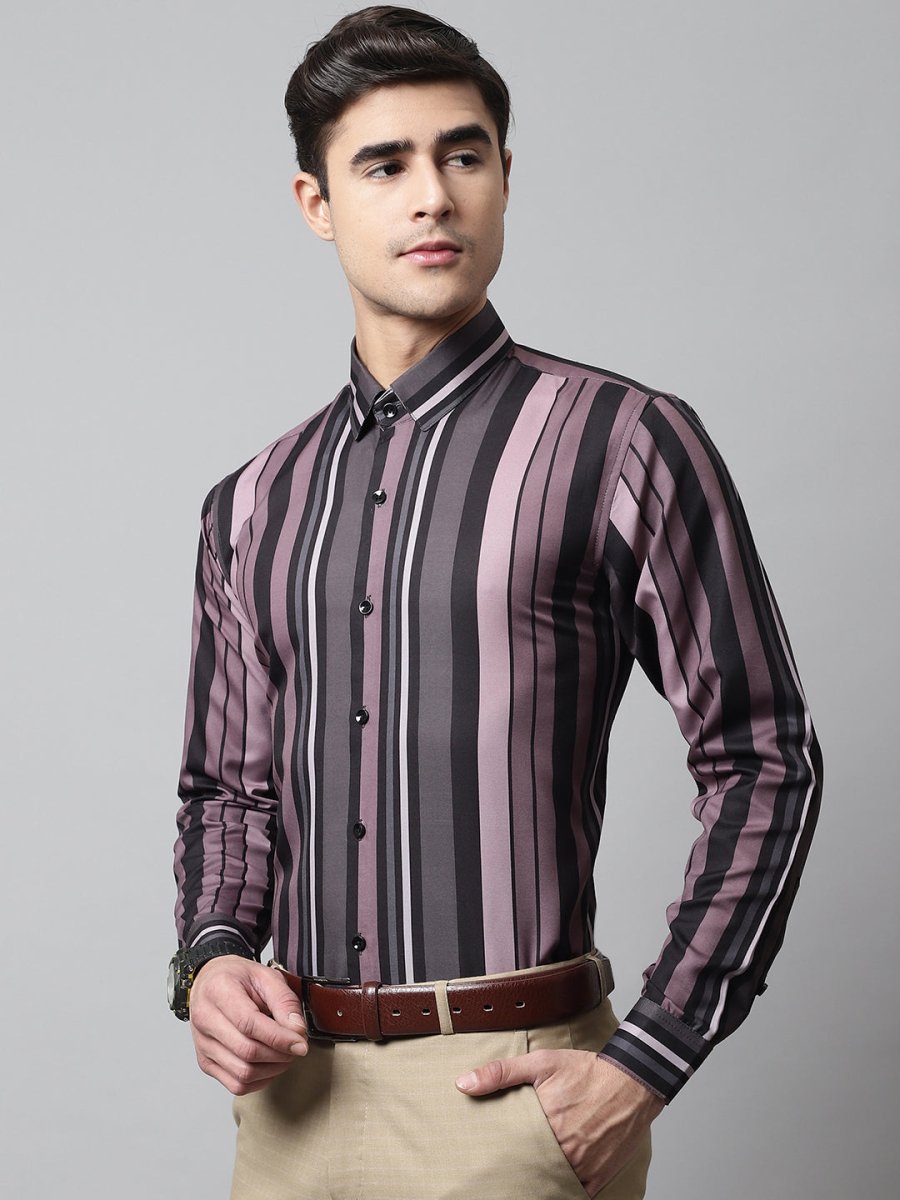 Men Wine and Black Classic Striped Formal Shirt - SF_832Wine_S