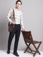 Men Yellow Checked Ragular Fit Formal Shirt - SF_884Cream_S