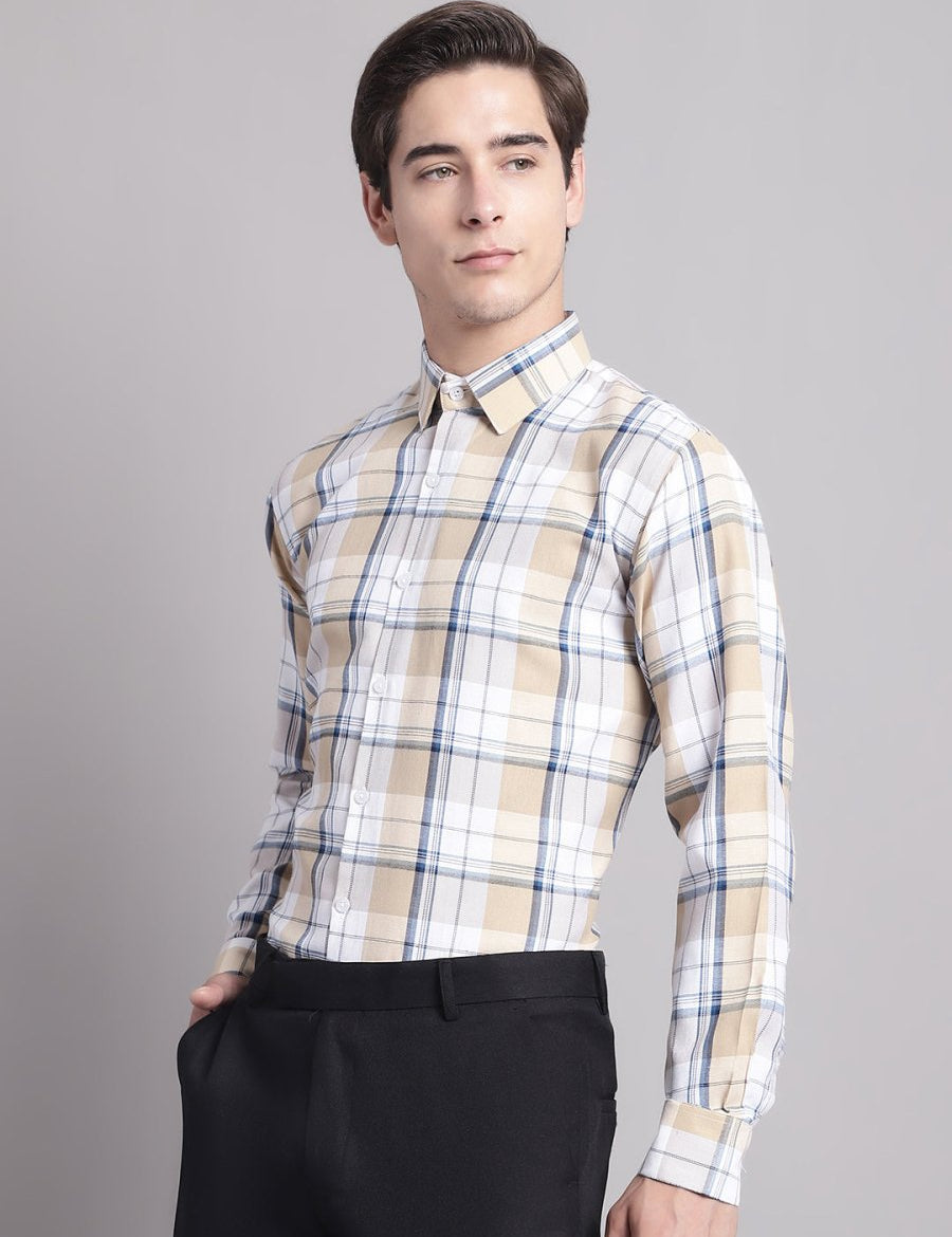 Men Yellow Checked Ragular Fit Formal Shirt - SF_884Cream_S