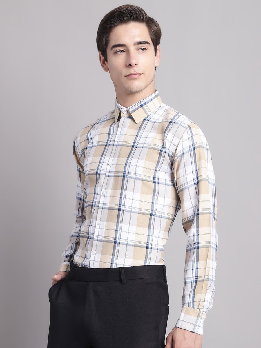 Men Yellow Checked Ragular Fit Formal Shirt - SF_884Cream_S
