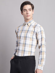 Men Yellow Checked Ragular Fit Formal Shirt - SF_884Cream_S