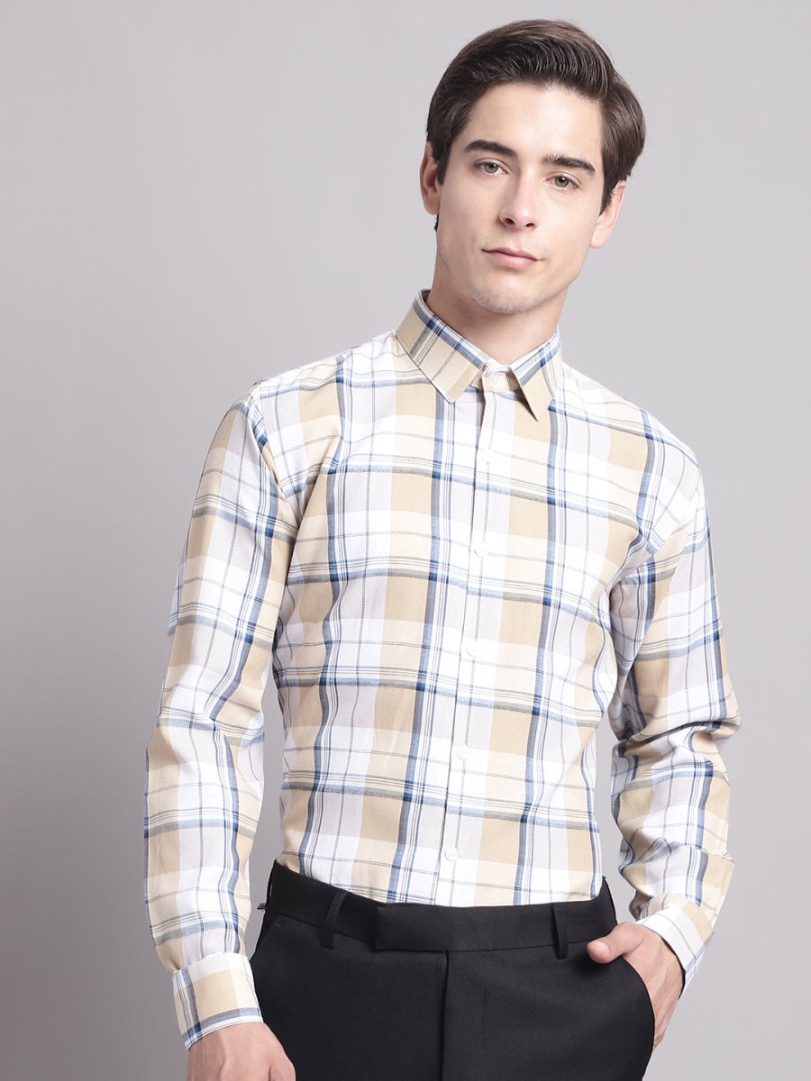 Men Yellow Checked Ragular Fit Formal Shirt - SF_884Cream_S