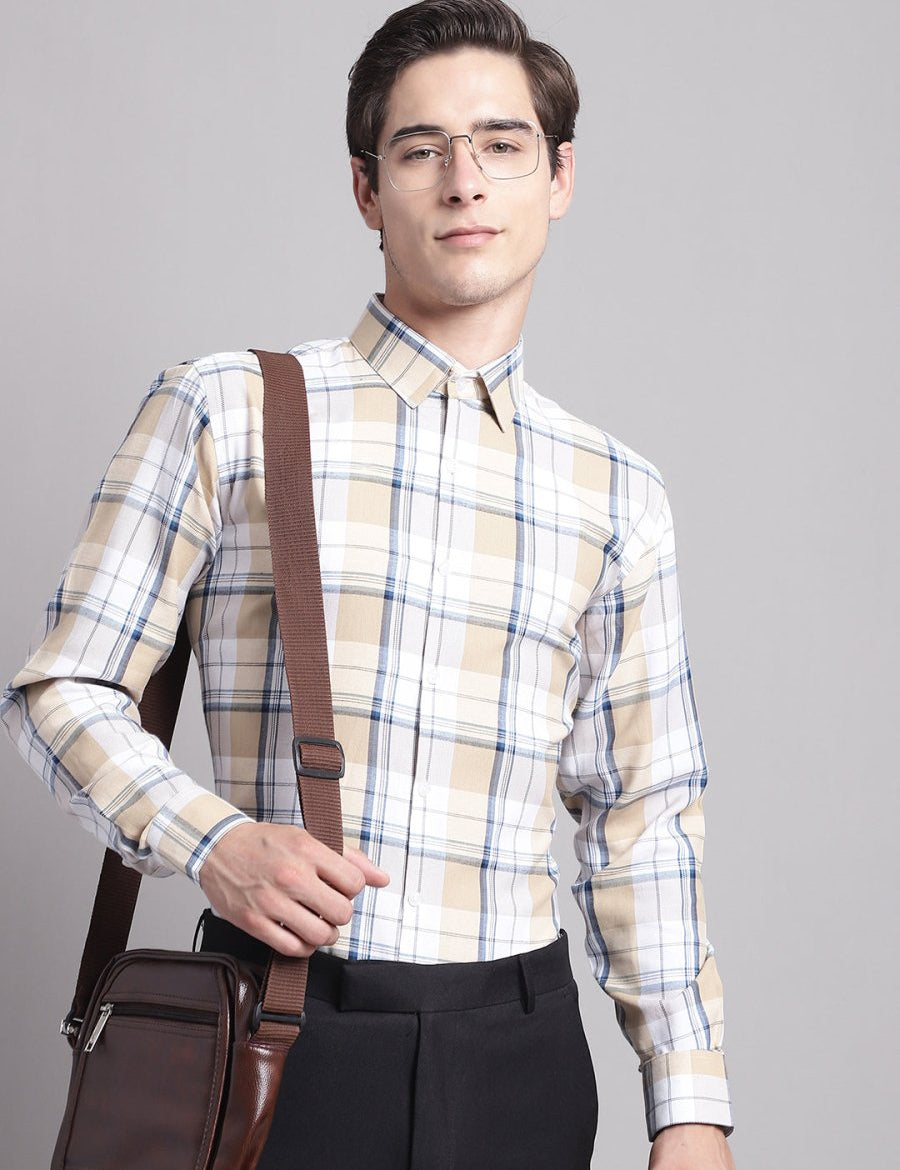 Men Yellow Checked Ragular Fit Formal Shirt - SF_884Cream_S
