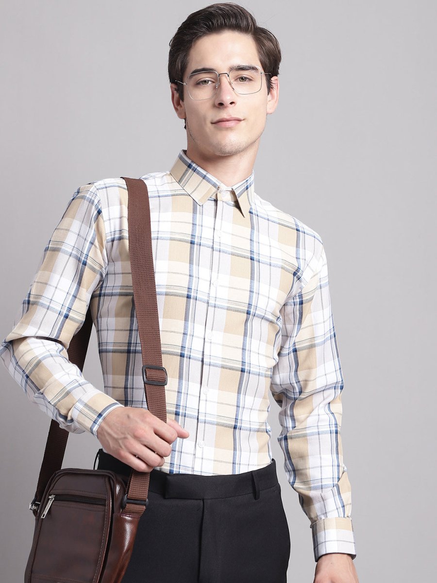 Men Yellow Checked Ragular Fit Formal Shirt - SF_884Cream_S
