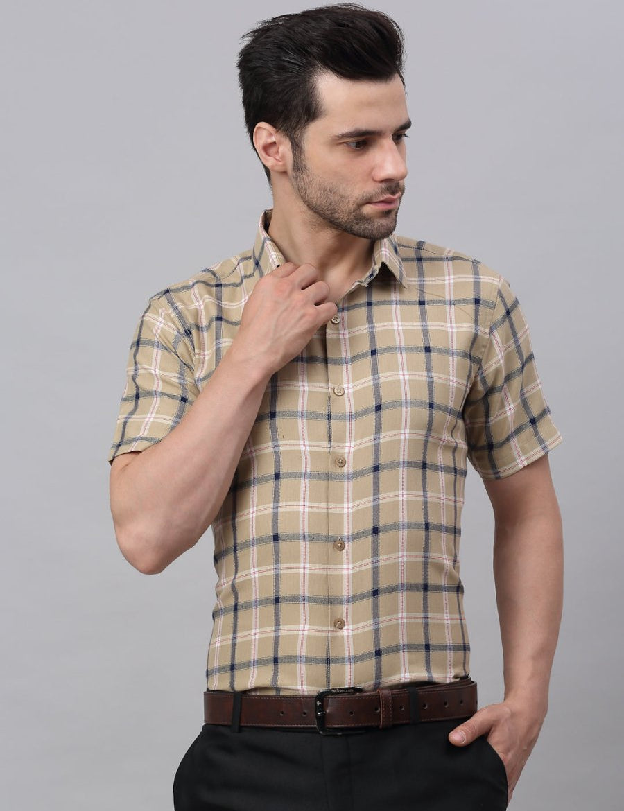 Men's Beige Half Sleeve Checked Formal Shirt - SF_838Beige_S