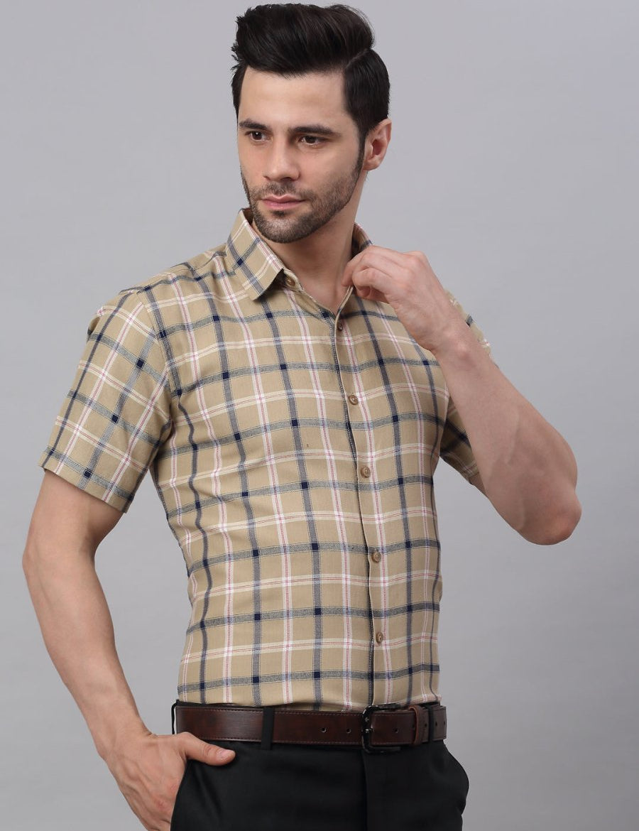 Men's Beige Half Sleeve Checked Formal Shirt - SF_838Beige_S