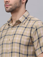 Men's Beige Half Sleeve Checked Formal Shirt - SF_838Beige_S