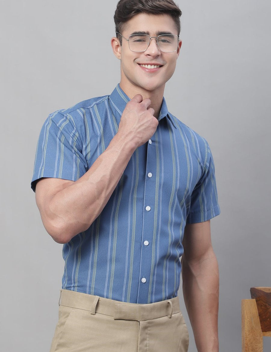 Men's Blue Striped Formal Shirt - SF_879Blue_S
