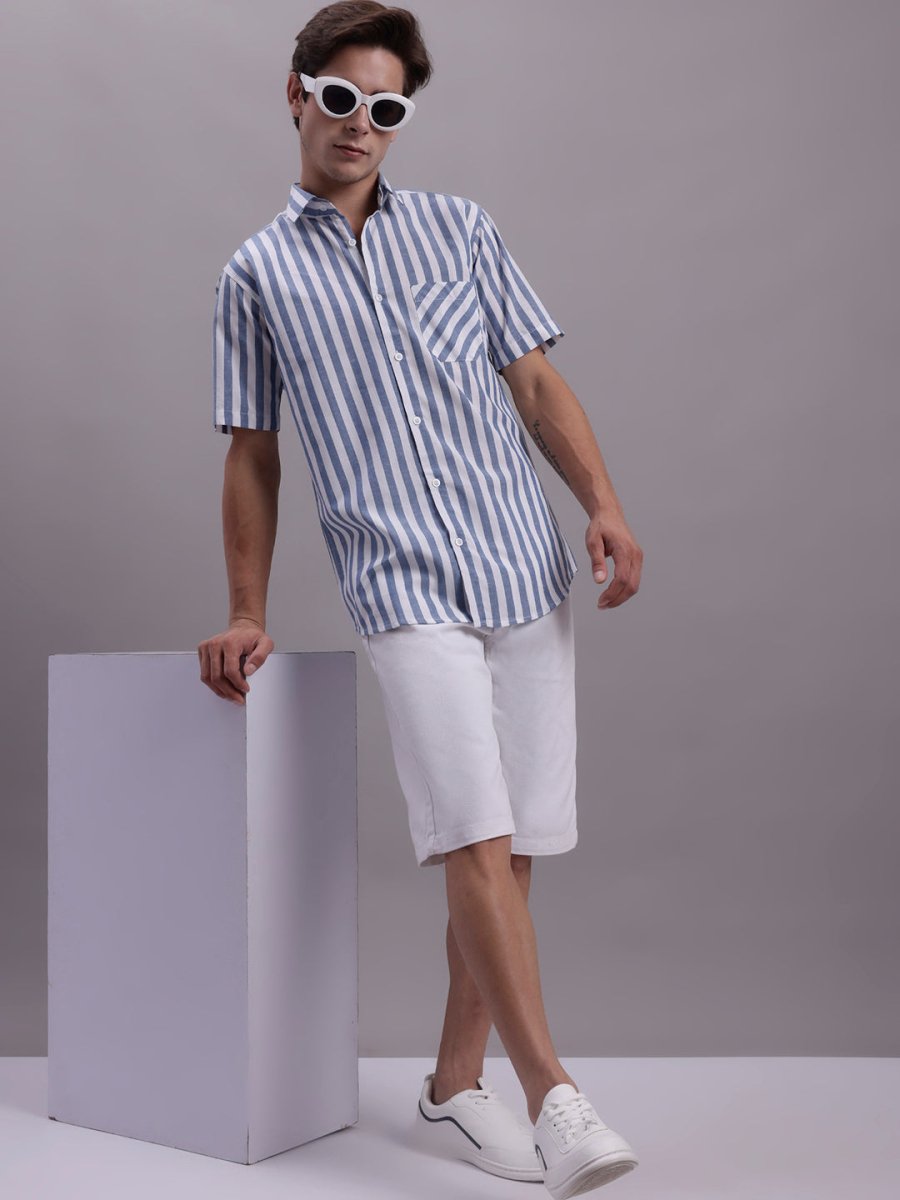 Men's Blue Vertical Striped Half Sleeve Casual Shirt - SF_887Blue_S