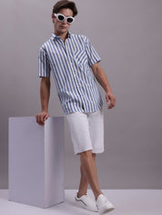 Men's Blue Vertical Striped Half Sleeve Casual Shirt - SF_887Blue_S