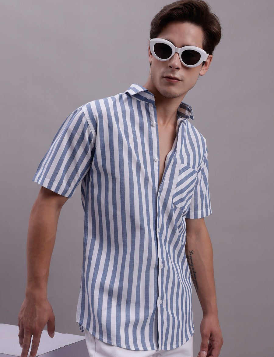 Men's Blue Vertical Striped Half Sleeve Casual Shirt - SF_887Blue_S