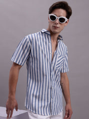 Men's Blue Vertical Striped Half Sleeve Casual Shirt - SF_887Blue_S