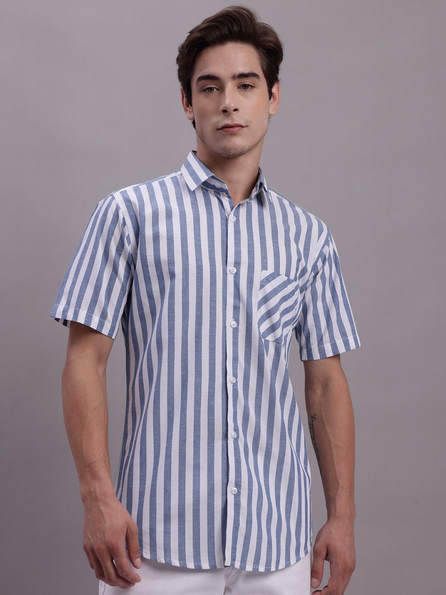 Men's Blue Vertical Striped Half Sleeve Casual Shirt - SF_887Blue_S