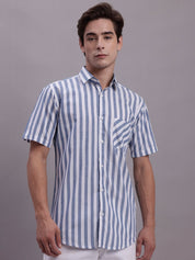 Men's Blue Vertical Striped Half Sleeve Casual Shirt - SF_887Blue_S