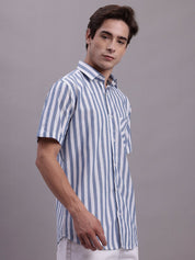Men's Blue Vertical Striped Half Sleeve Casual Shirt - SF_887Blue_S