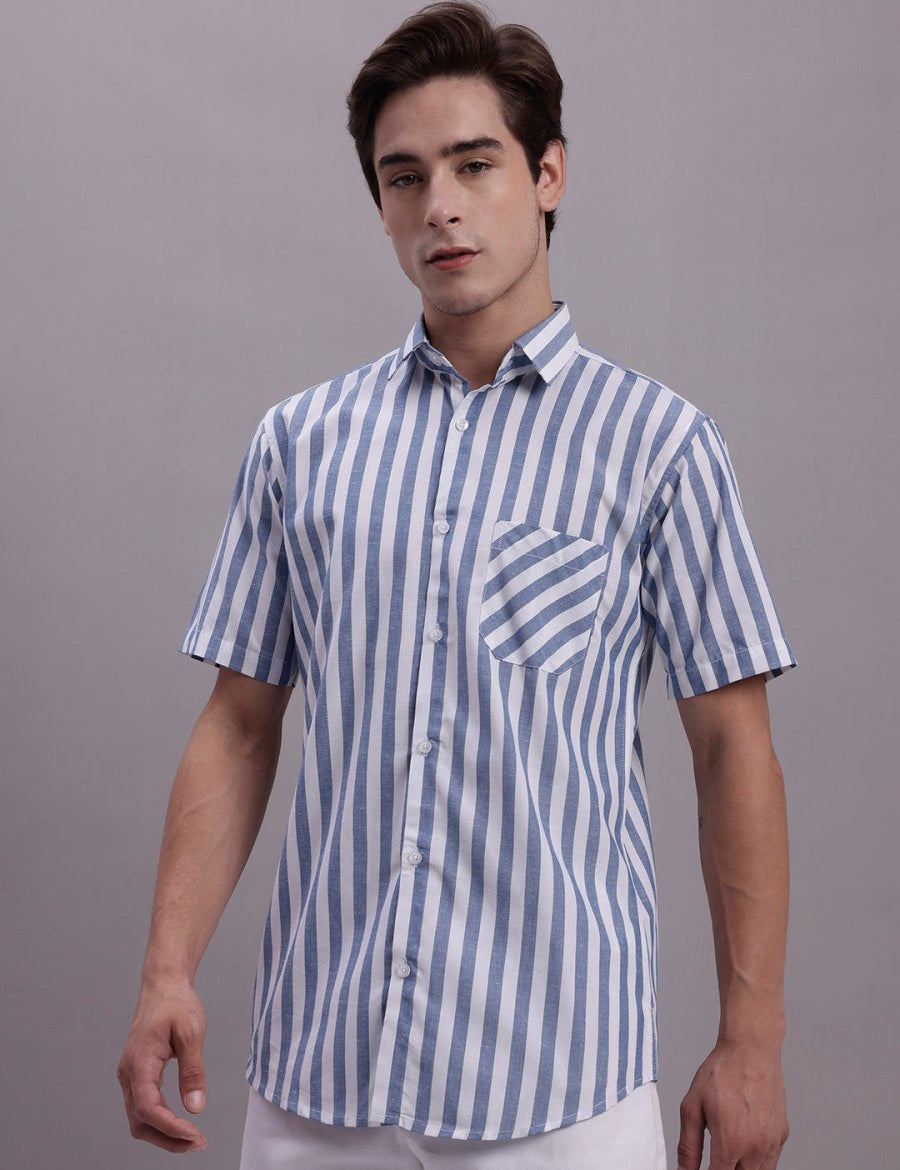 Men's Blue Vertical Striped Half Sleeve Casual Shirt - SF_887Blue_S