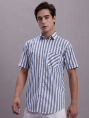 Men's Blue Vertical Striped Half Sleeve Casual Shirt - SF_887Blue_S