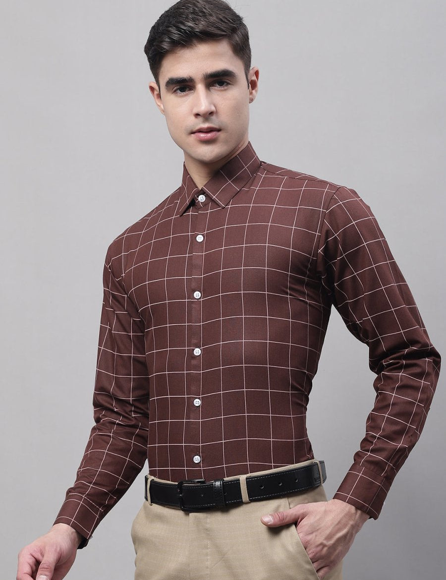 Men's Brown Cotton Checked Formal Shirt - SF_742Brown_S