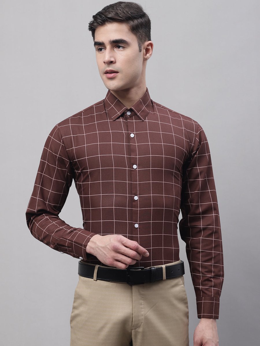 Men's Brown Cotton Checked Formal Shirt - SF_742Brown_S