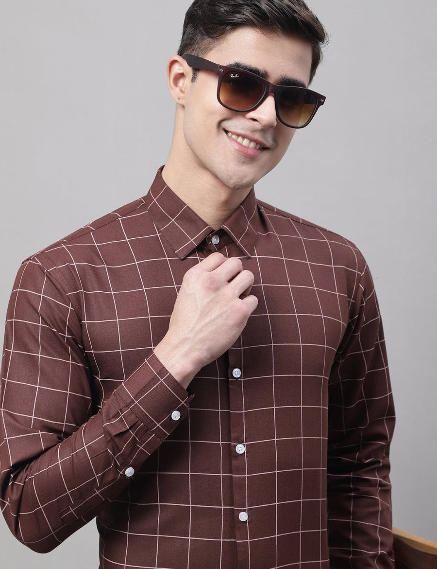 Men's Brown Cotton Checked Formal Shirt - SF_742Brown_S