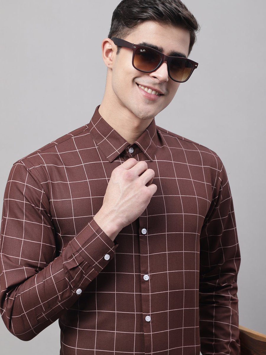 Men's Brown Cotton Checked Formal Shirt - SF_742Brown_S