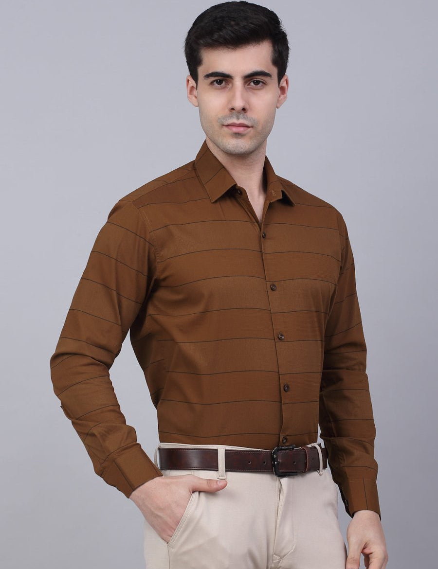 Men's Brown Horizontal Striped Formal Shirt - SF_839Brown_S