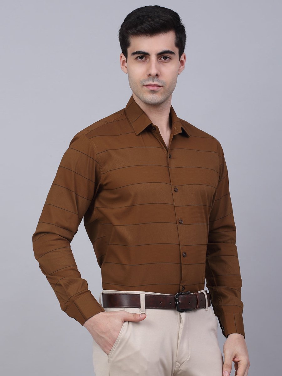 Men's Brown Horizontal Striped Formal Shirt - SF_839Brown_S