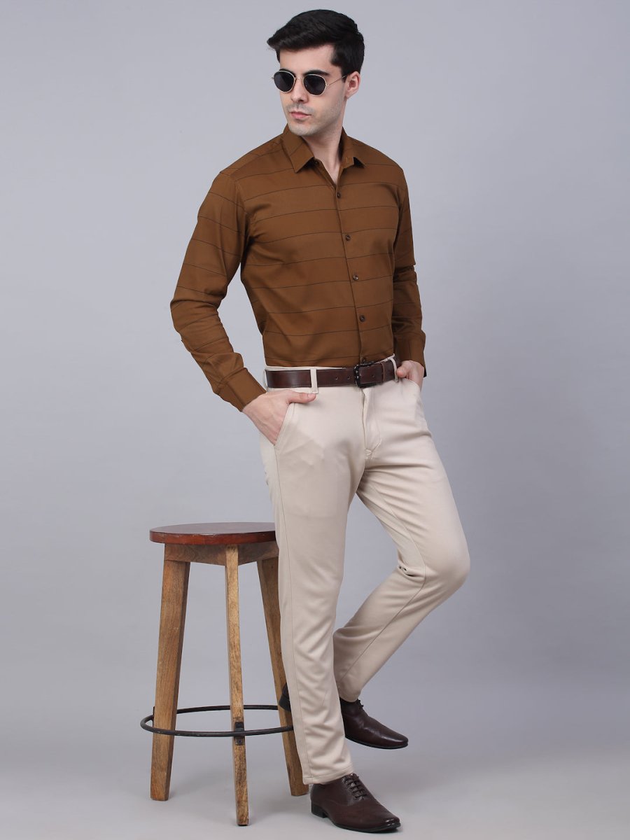Men's Brown Horizontal Striped Formal Shirt - SF_839Brown_S