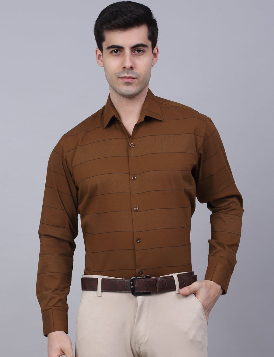 Men's Brown Horizontal Striped Formal Shirt - SF_839Brown_S