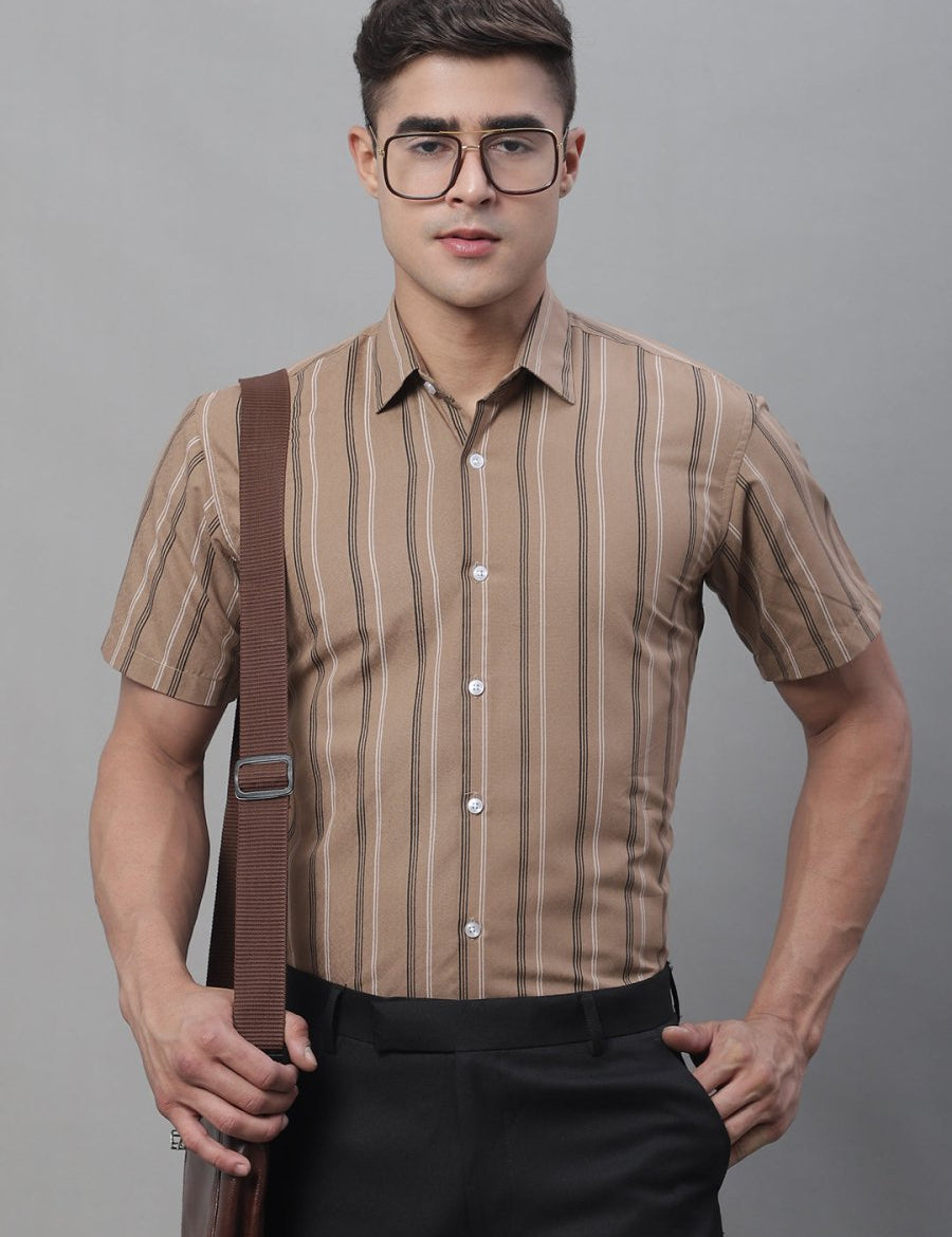 Men's Brown Striped Formal Shirt - SF_879Brown_S